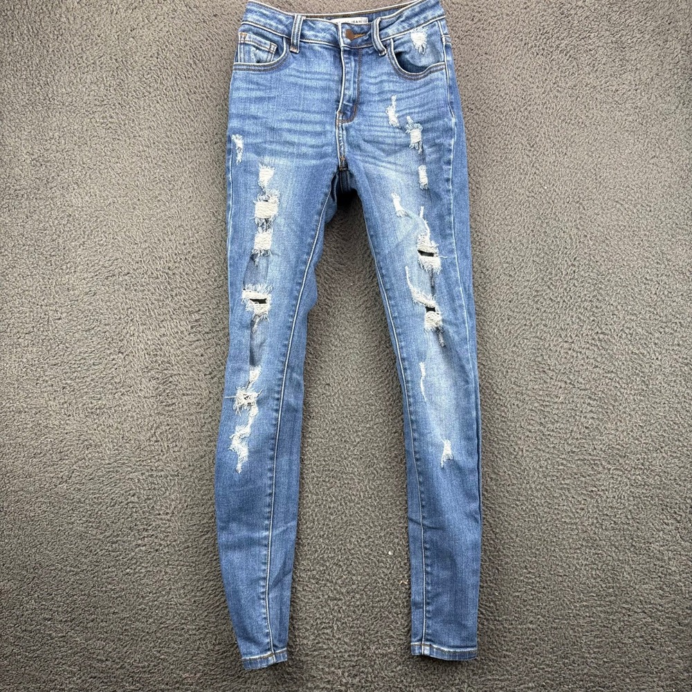 Encore Jeans‎ Womens Medium Wash Distressed Skinny Denim Blue Jeans Size 1